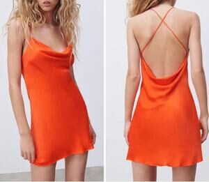 Zara Short Satin Effect Dress Cowl Neck Exposed Back Strappy Draped Mini Dress